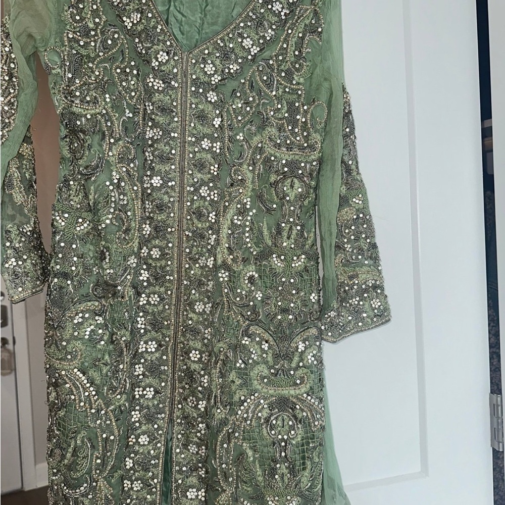 Embellished Sage Green Women's Pakistani Dress - Picture 2 of 7